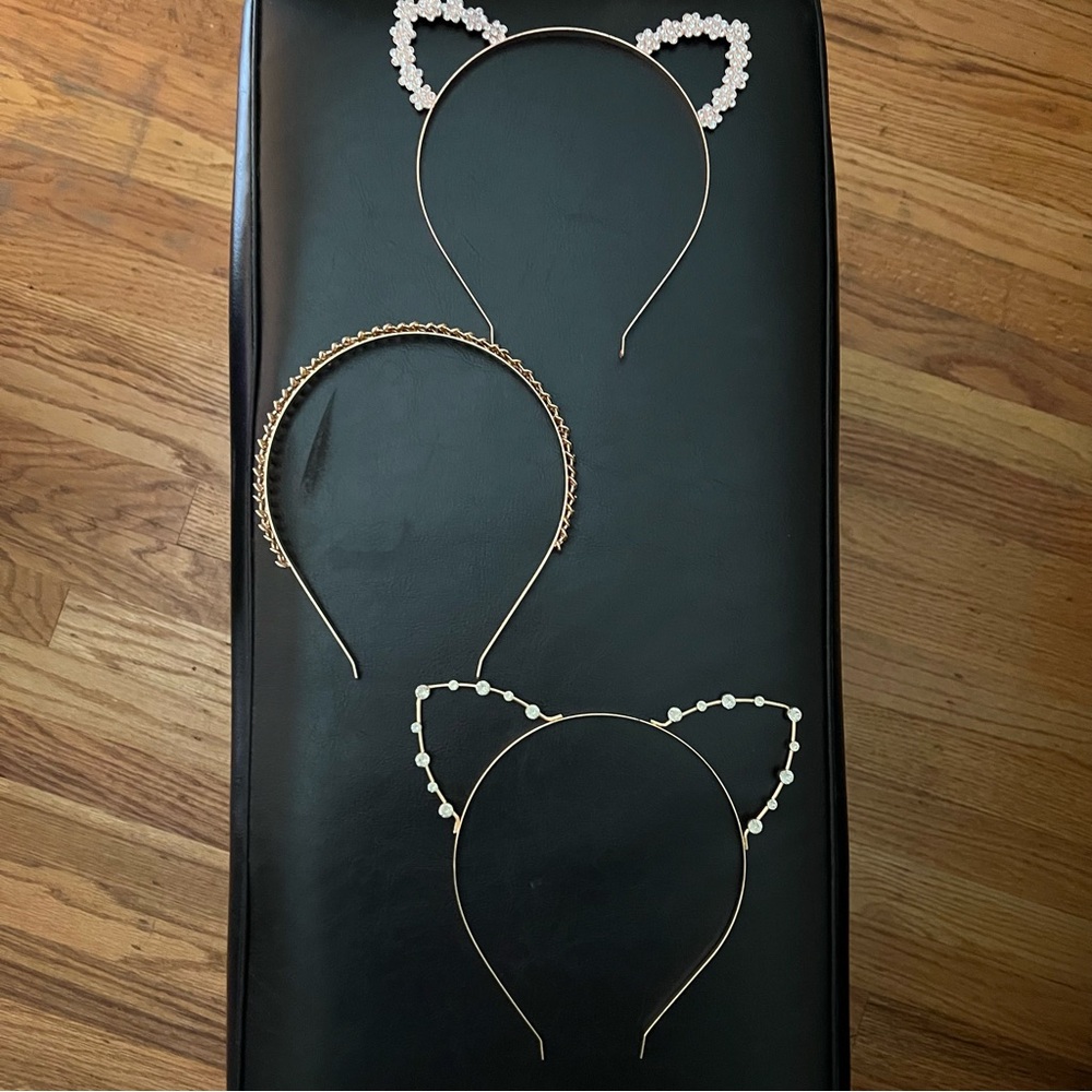 Girls metal cat ears headbands and one braided metal headband. (3 pcs total)